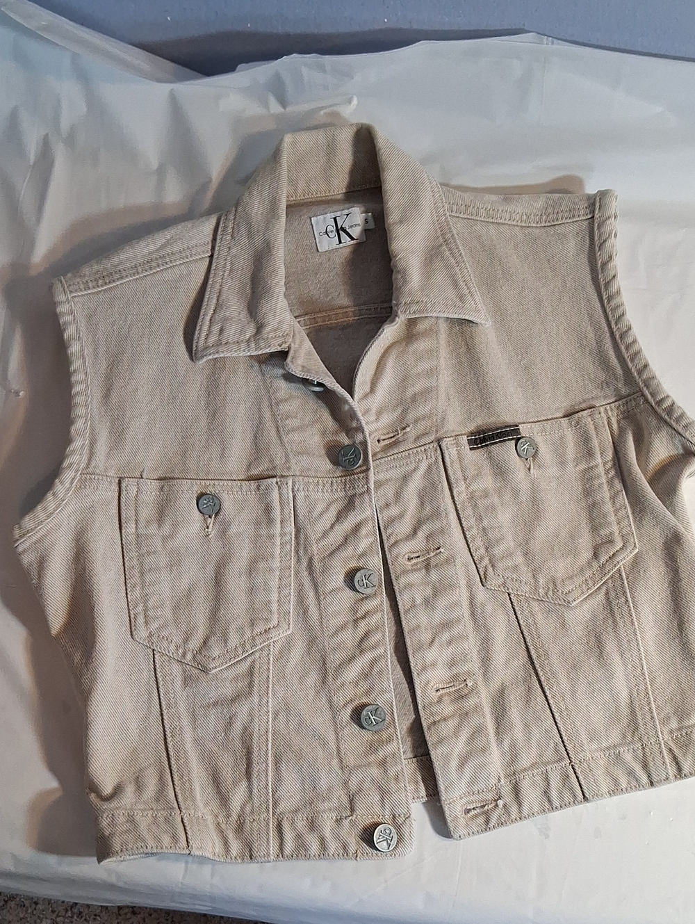 Calvin Klein Kahki Sleeveless Denim Vest- Vintage- Made In USA- Size S